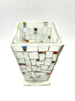 Vintage 1990s Handmade Shades of White Mosaic Glass Vase by Robin Oldham