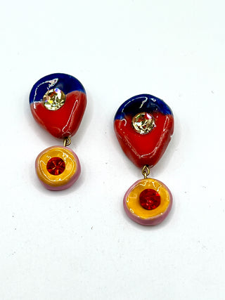 Rare Todd Oldham 90s Handmade Porcelain Crystal Button Pair – Hand Painted Red Blue & Yellow