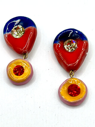 Rare Todd Oldham 90s Handmade Porcelain Crystal Button Pair – Hand Painted Red Blue & Yellow