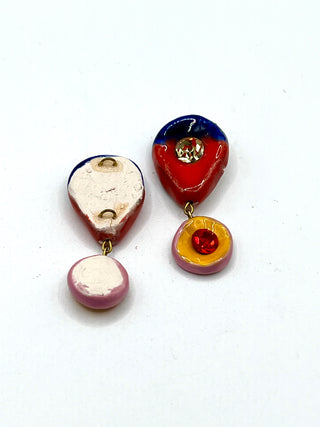 Rare Todd Oldham 90s Handmade Porcelain Crystal Button Pair – Hand Painted Red Blue & Yellow