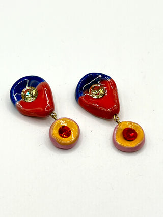 Rare Todd Oldham 90s Handmade Porcelain Crystal Button Pair – Hand Painted Red Blue & Yellow