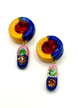 Todd Oldham 90s Handmade Porcelain Crystal Button Pair – Hand Painted Yellow, Navy & Pink