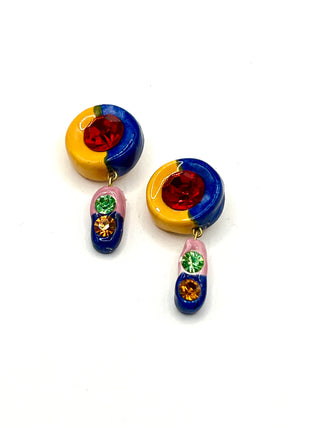 Todd Oldham 90s Handmade Porcelain Crystal Button Pair – Hand Painted Yellow, Navy & Pink