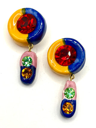 Todd Oldham 90s Handmade Porcelain Crystal Button Pair – Hand Painted Yellow, Navy & Pink