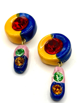 Todd Oldham 90s Handmade Porcelain Crystal Button Pair – Hand Painted Yellow, Navy & Pink