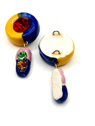Todd Oldham 90s Handmade Porcelain Crystal Button Pair – Hand Painted Yellow, Navy & Pink
