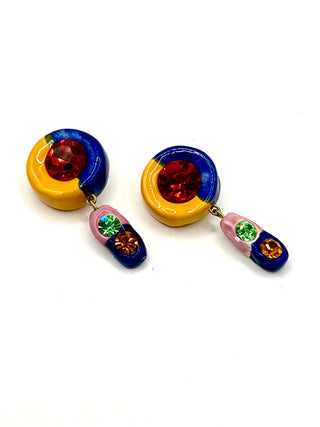 Todd Oldham 90s Handmade Porcelain Crystal Button Pair – Hand Painted Yellow, Navy & Pink