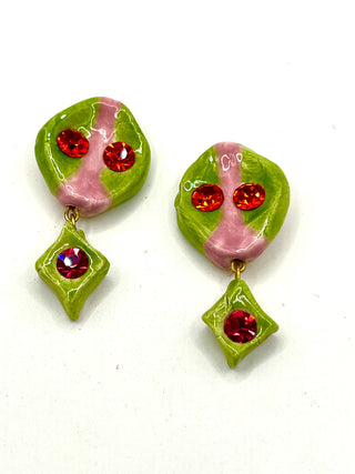 Todd Oldham 90s Handmade Porcelain Crystal Button Pair – Hand Painted Chartreuse & Pink