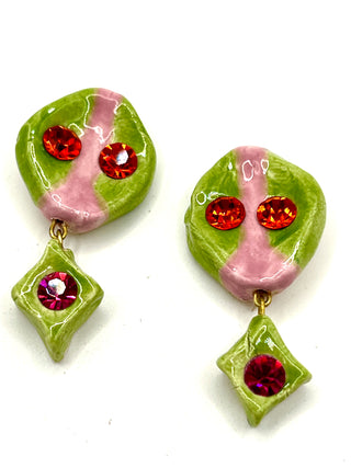 Todd Oldham 90s Handmade Porcelain Crystal Button Pair – Hand Painted Chartreuse & Pink