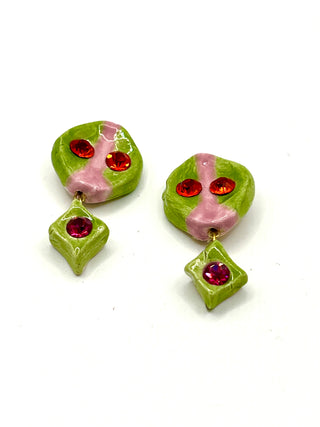 Todd Oldham 90s Handmade Porcelain Crystal Button Pair – Hand Painted Chartreuse & Pink