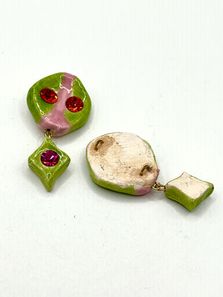 Todd Oldham 90s Handmade Porcelain Crystal Button Pair – Hand Painted Chartreuse & Pink