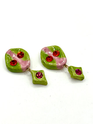 Todd Oldham 90s Handmade Porcelain Crystal Button Pair – Hand Painted Chartreuse & Pink