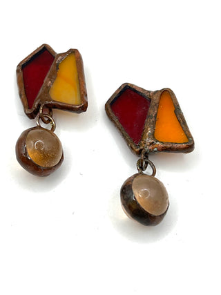 Todd Oldham 1990s Stained Glass Button Pair – Handmade Copper Framed Red Amber Glass Buttons with Hanging Glass Ball Drop