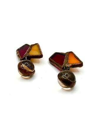 Todd Oldham 1990s Stained Glass Button Pair – Handmade Copper Framed Red Amber Glass Buttons with Hanging Glass Ball Drop
