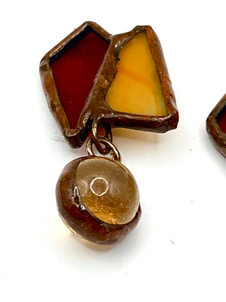 Todd Oldham 1990s Stained Glass Button Pair – Handmade Copper Framed Red Amber Glass Buttons with Hanging Glass Ball Drop