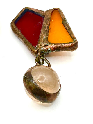 Todd Oldham 1990s Stained Glass Button Pair – Handmade Copper Framed Red Amber Glass Buttons with Hanging Glass Ball Drop