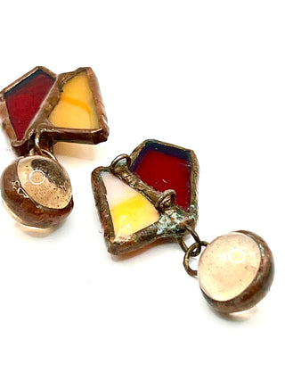 Todd Oldham 1990s Stained Glass Button Pair – Handmade Copper Framed Red Amber Glass Buttons with Hanging Glass Ball Drop