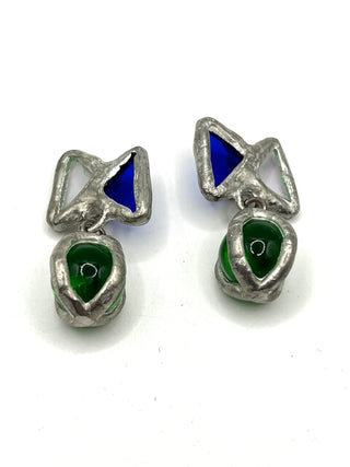 Vintage 1990s Todd Oldham Design Silver Plated Handmade Stained Glass Button Pair with Glass Ball Drop