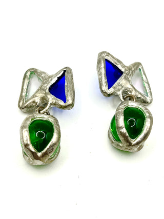 Vintage 1990s Todd Oldham Design Silver Plated Handmade Stained Glass Button Pair with Glass Ball Drop