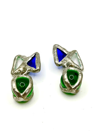 Vintage 1990s Todd Oldham Design Silver Plated Handmade Stained Glass Button Pair with Glass Ball Drop