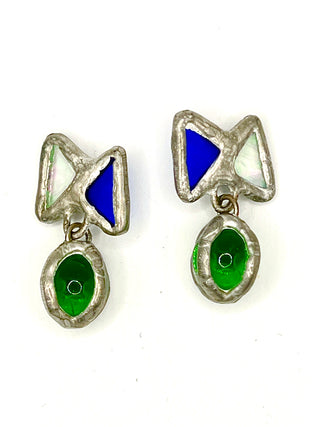 Vintage 1990s Todd Oldham Design Silver Plated Handmade Stained Glass Button Pair with Glass Ball Drop