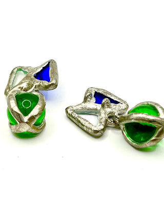 Vintage 1990s Todd Oldham Design Silver Plated Handmade Stained Glass Button Pair with Glass Ball Drop