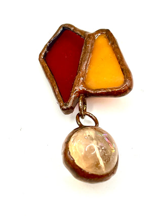 Todd Oldham 1990s Stained Glass Button Pair – Handmade Copper Framed Red Amber Glass Buttons with Hanging Glass Ball Drop