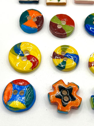 Vintage 1990s Todd Oldham Hand Cut & Hand Painted Porcelain Buttons – Set of 24 Mixed Colorful Buttons