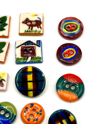 Vintage 1990s Todd Oldham Hand Cut & Hand Painted Porcelain Buttons – Set of 24 Mixed Colorful Buttons