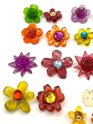 Vintage Todd Oldham Lucite Button Set – 18 Unique Floral Buttons, 1990s Colorful Crystal Accents