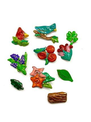 Vintage 1990s Todd Oldham Hand Enameled Birds & Flowers Button Set – 19 Unique Lacquered Floral Novelty Buttons