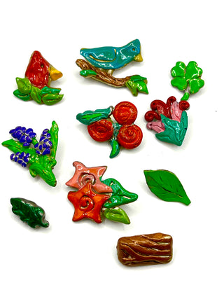 Vintage 1990s Todd Oldham Hand Enameled Birds & Flowers Button Set – 19 Unique Lacquered Floral Novelty Buttons