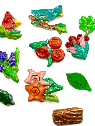 Vintage 1990s Todd Oldham Hand Enameled Birds & Flowers Button Set – 19 Unique Lacquered Floral Novelty Buttons