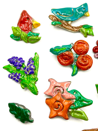 Vintage 1990s Todd Oldham Hand Enameled Birds & Flowers Button Set – 19 Unique Lacquered Floral Novelty Buttons