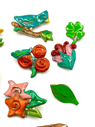 Vintage 1990s Todd Oldham Hand Enameled Birds & Flowers Button Set – 19 Unique Lacquered Floral Novelty Buttons