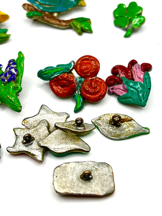 Vintage 1990s Todd Oldham Hand Enameled Birds & Flowers Button Set – 19 Unique Lacquered Floral Novelty Buttons