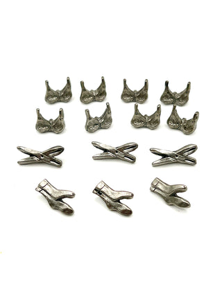 Unusual 1996 Todd Oldham Button Mixed Set – 14 Small Silver-Plated Bra, Sock & Scissor Button Mix, Signed & Dated 1996