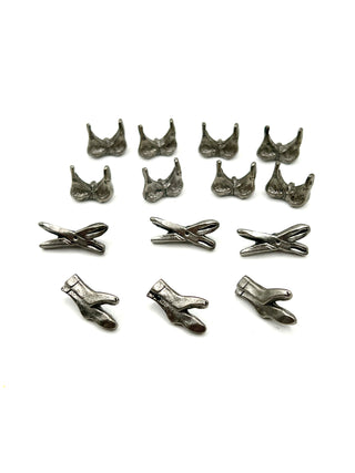 Unusual 1996 Todd Oldham Button Mixed Set – 14 Small Silver-Plated Bra, Sock & Scissor Button Mix, Signed & Dated 1996