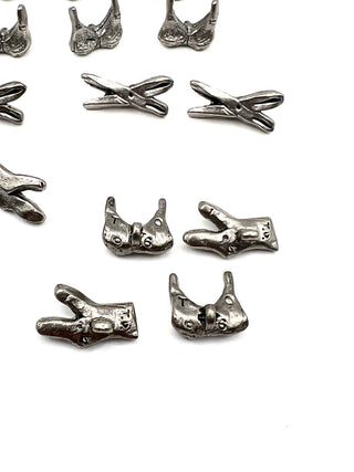 Unusual 1996 Todd Oldham Button Mixed Set – 14 Small Silver-Plated Bra, Sock & Scissor Button Mix, Signed & Dated 1996
