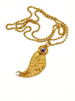 Vintage 1990s Todd Oldham Signed 24kt Gold Embossed Paisley Charm with Swarovski Aurora Borealis Crystals