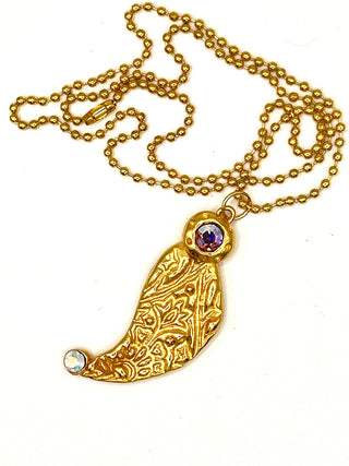 Vintage 1990s Todd Oldham Signed 24kt Gold Embossed Paisley Charm with Swarovski Aurora Borealis Crystals