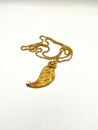 Vintage 1990s Todd Oldham Signed 24kt Gold Embossed Paisley Charm with Swarovski Aurora Borealis Crystals