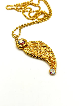 Vintage 1990s Todd Oldham Signed 24kt Gold Embossed Paisley Charm with Swarovski Aurora Borealis Crystals