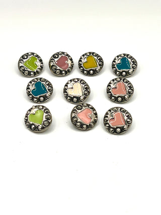 Signed & Dated 1995 Silver-Plated Enameled Hard Core Heart Studded Buttons | Set Of 10