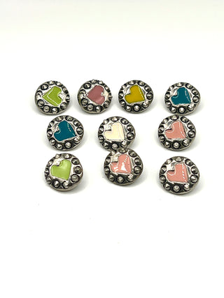 Signed & Dated 1995 Silver-Plated Enameled Hard Core Heart Studded Buttons | Set Of 10