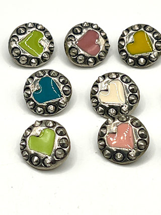 Signed & Dated 1995 Silver-Plated Enameled Hard Core Heart Studded Buttons | Set Of 10