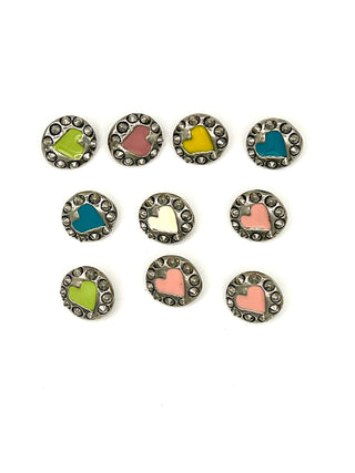 Signed & Dated 1995 Silver-Plated Enameled Hard Core Heart Studded Buttons | Set Of 10