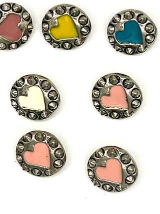 Signed & Dated 1995 Silver-Plated Enameled Hard Core Heart Studded Buttons | Set Of 10