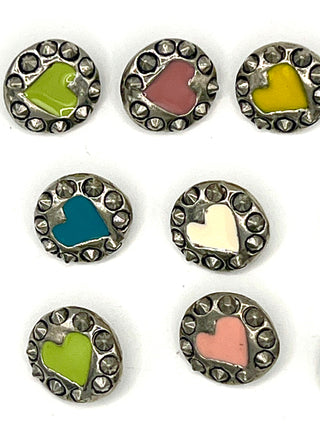 Signed & Dated 1995 Silver-Plated Enameled Hard Core Heart Studded Buttons | Set Of 10