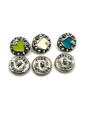 Signed & Dated 1995 Silver-Plated Enameled Hard Core Heart Studded Buttons | Set Of 10